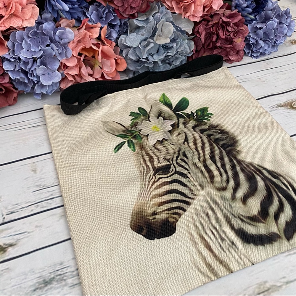 Eco-Friendly Folding Zebra with Flowers Tote Bag - Picture 4 of 15